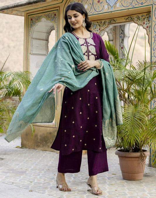 Affordable Wine silk heavy embroidered kurta set with dupatta