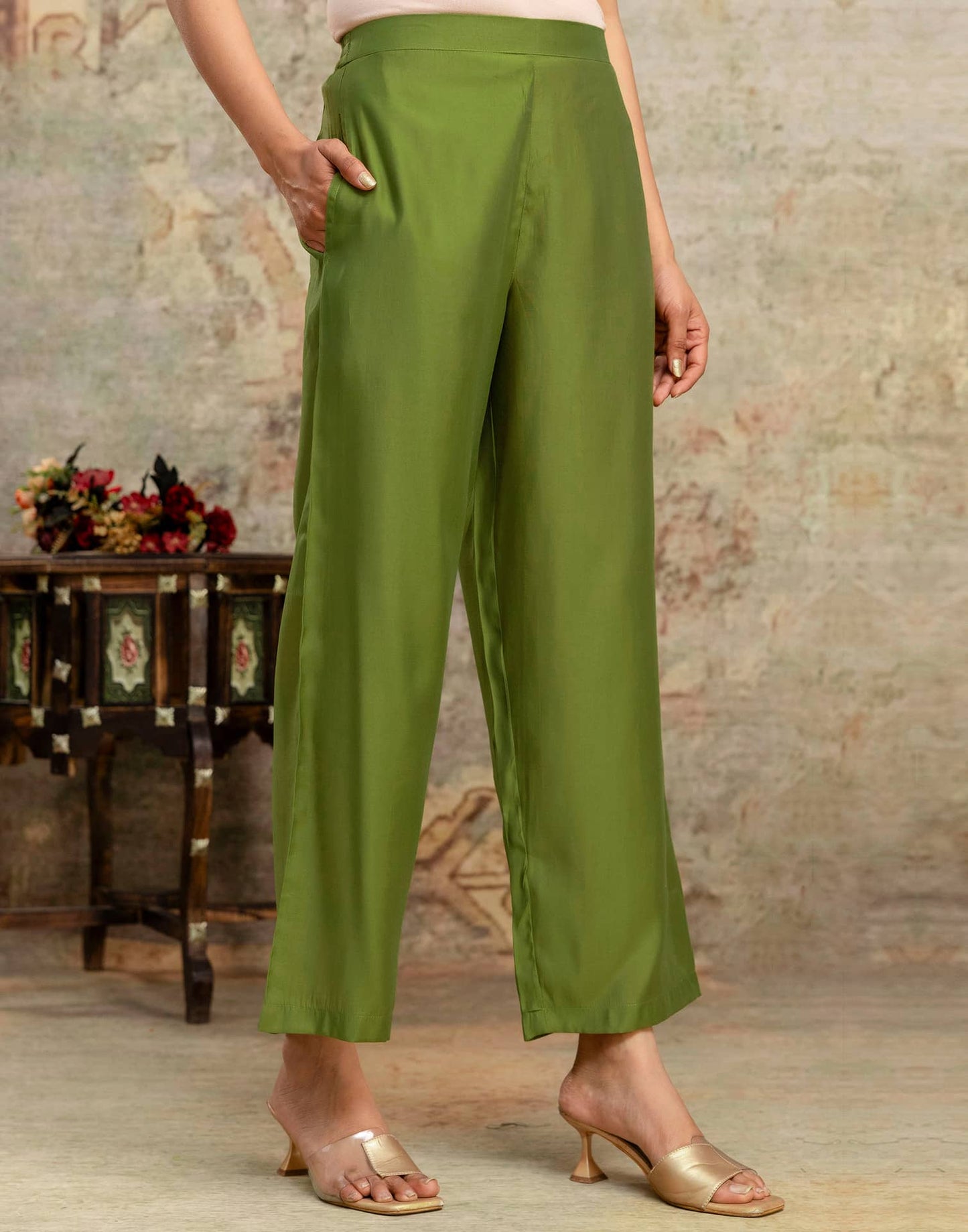 Budget friendly olive green silk embroidered kurta set