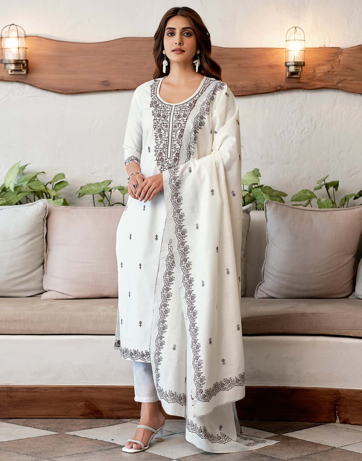 Cotton Solid and Jacquard A-Line Kurta with Pant & Dupatta