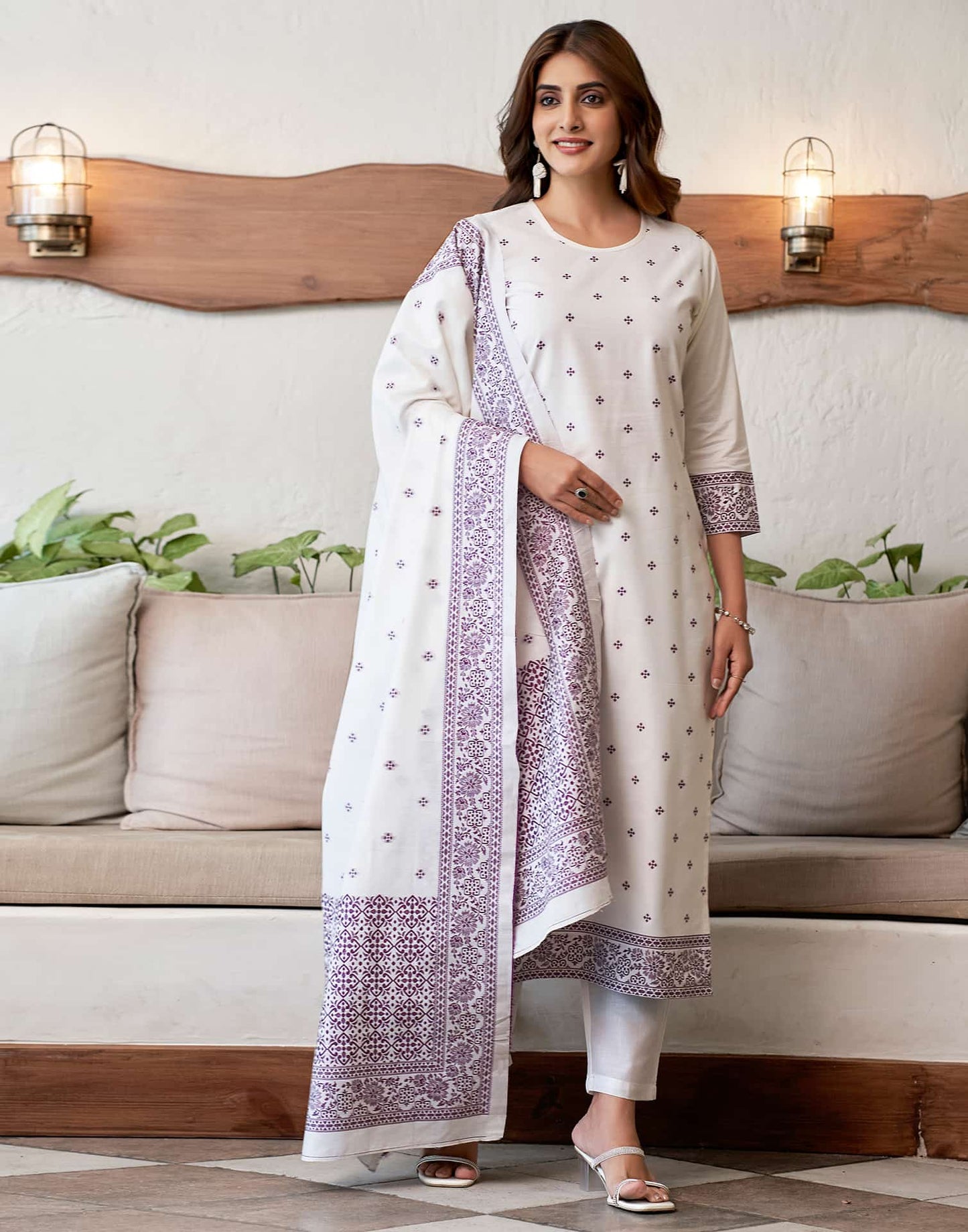 Cotton Solid and Jacquard A-Line Kurta with Pant & Dupatta