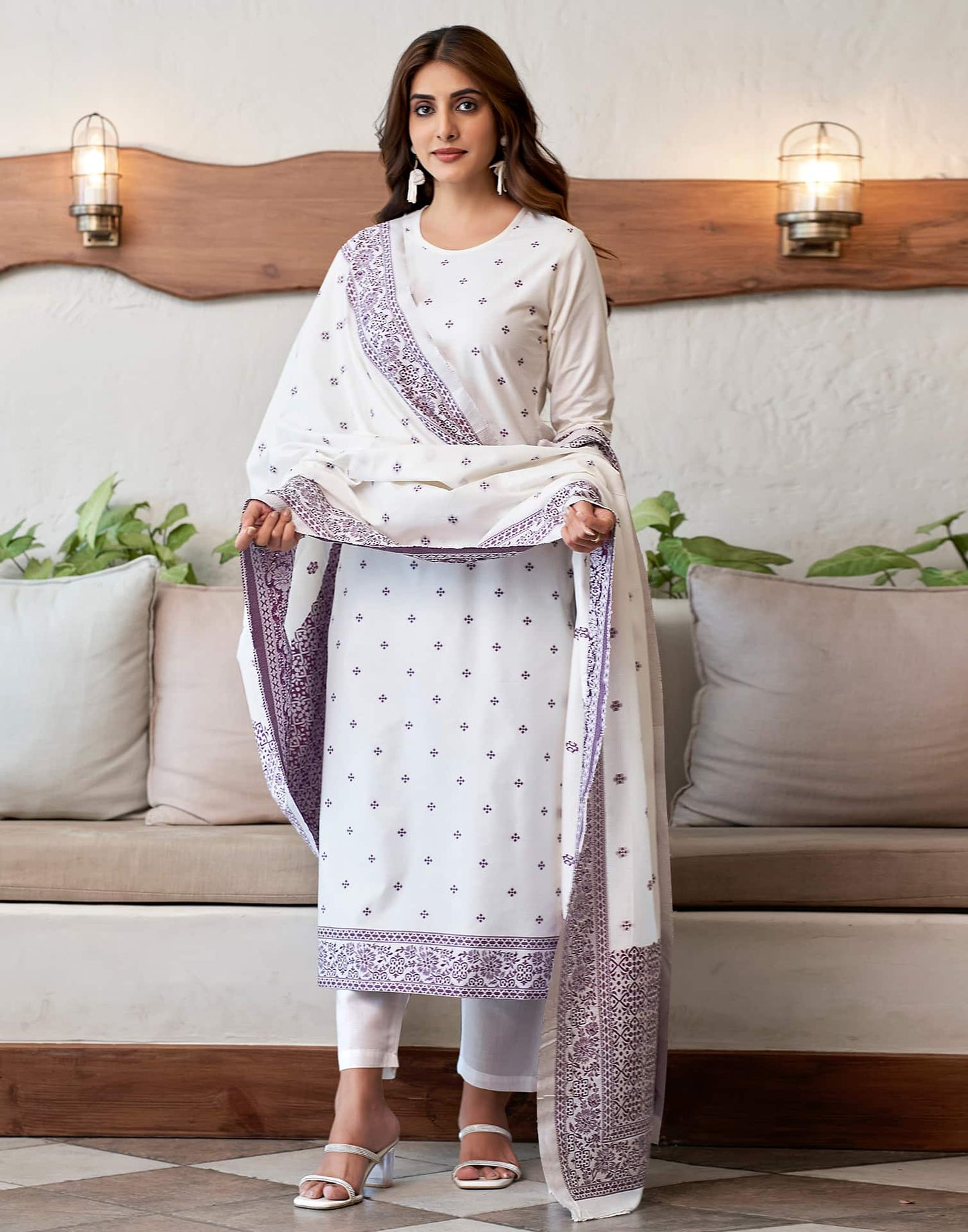 Cotton Solid and Jacquard A-Line Kurta with Pant & Dupatta