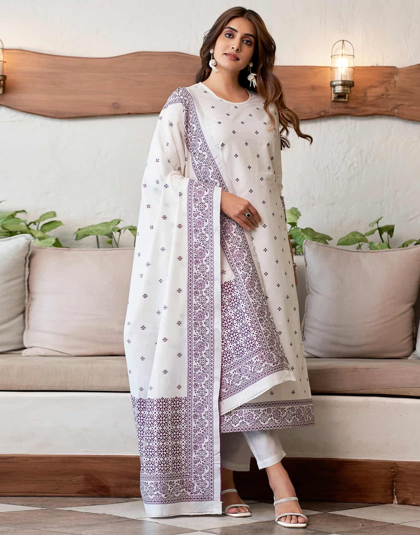 Cotton Solid and Jacquard A-Line Kurta with Pant & Dupatta