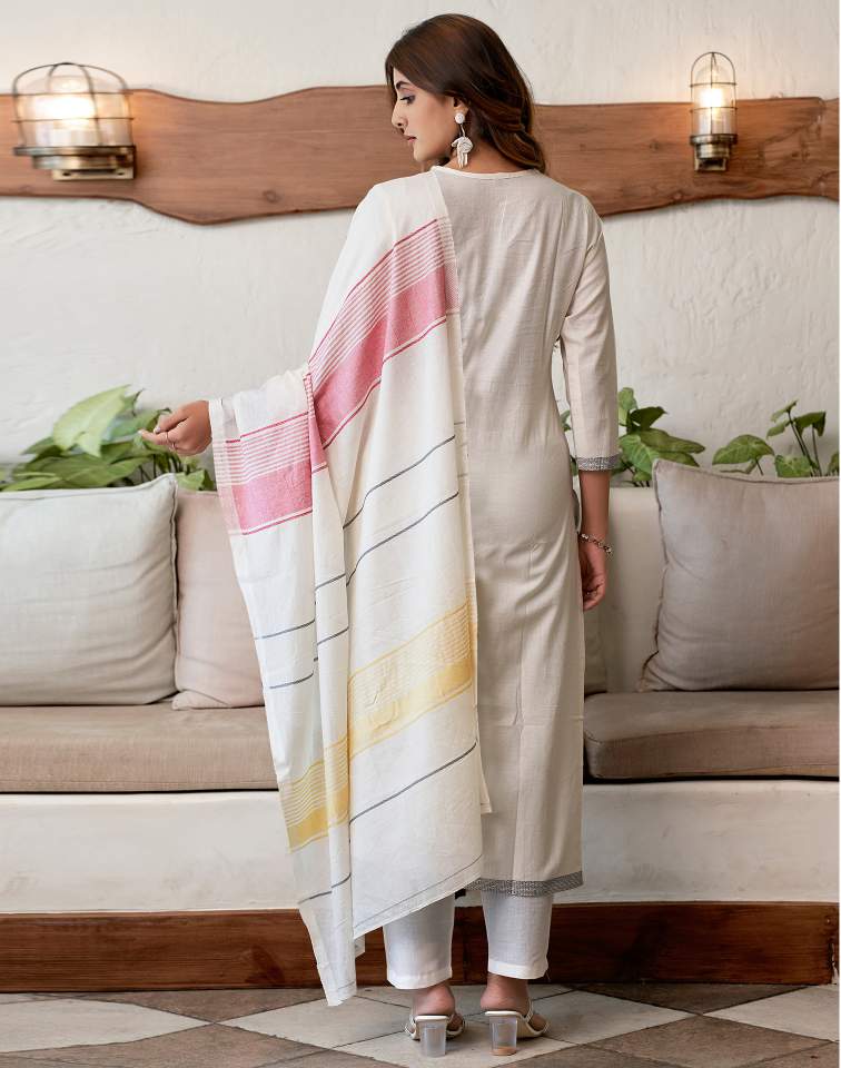 Off White Silk Plain Round Neck 3/4 Sleeve Straight Kurta Set With Pant & Dupatta