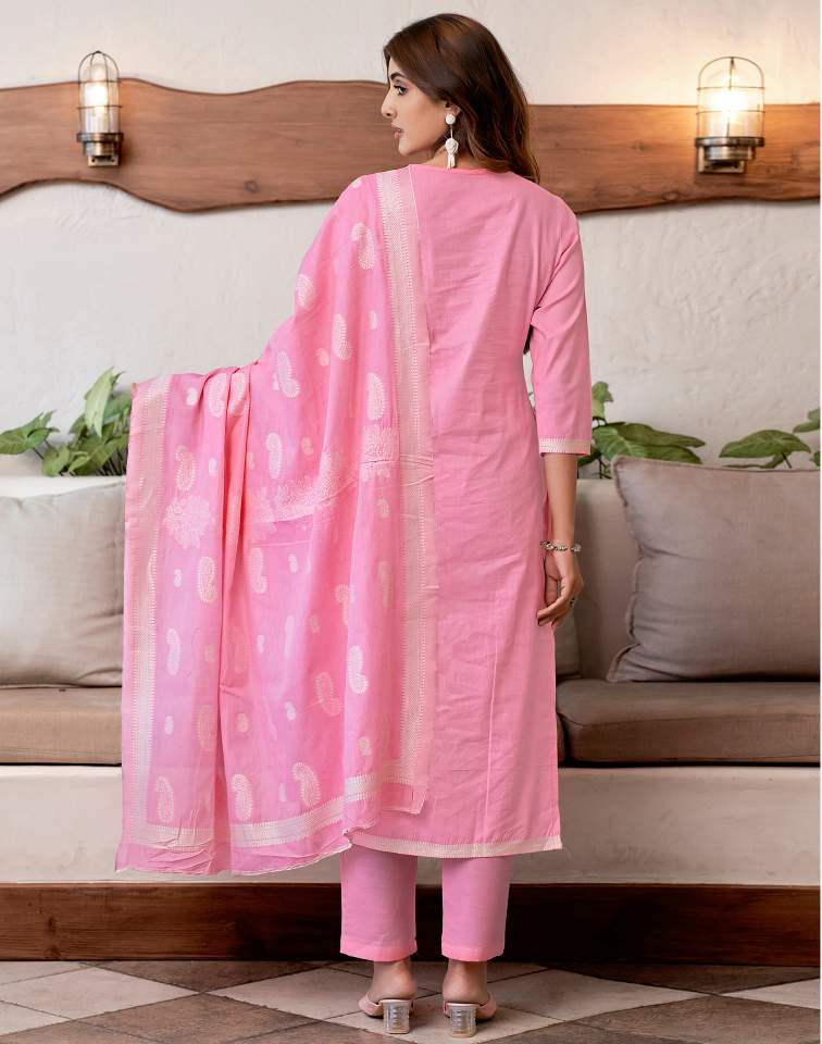 Pink Silk Plain Round Neck 3/4 Sleeve Straight Kurta Set With Pant & Dupatta