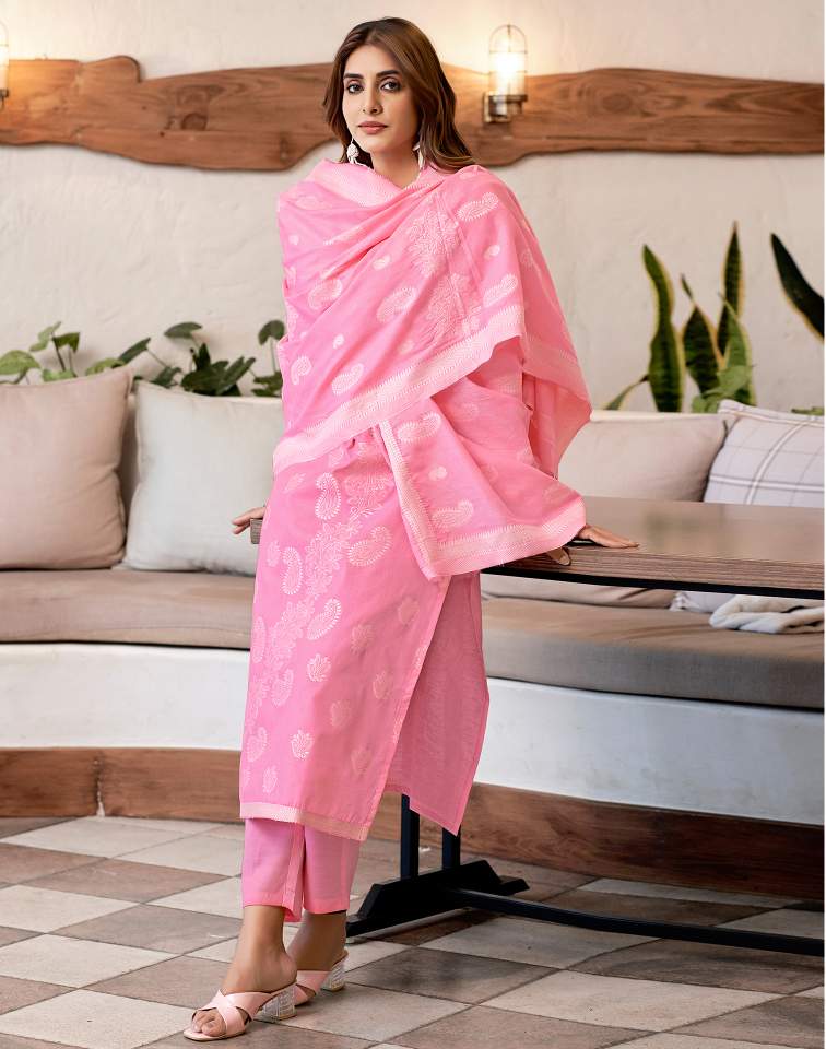 Pink Silk Plain Round Neck 3/4 Sleeve Straight Kurta Set With Pant & Dupatta