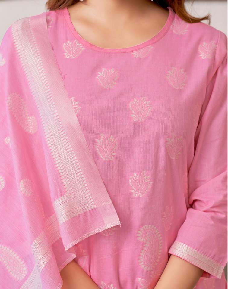 Pink Silk Plain Round Neck 3/4 Sleeve Straight Kurta Set With Pant & Dupatta
