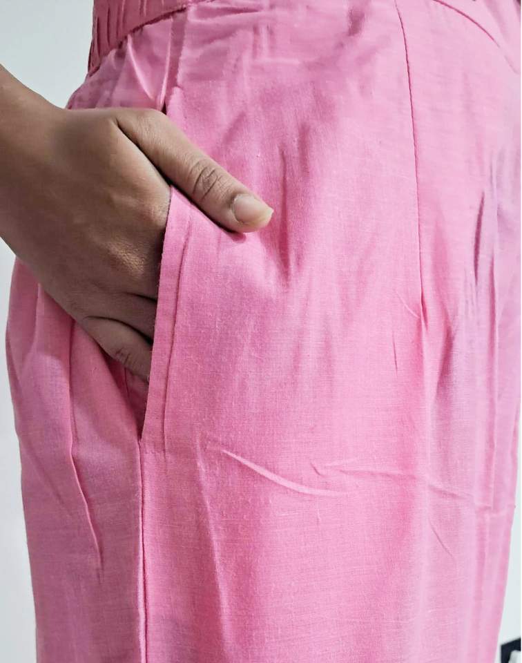 Pink Silk Plain Round Neck 3/4 Sleeve Straight Kurta Set With Pant & Dupatta