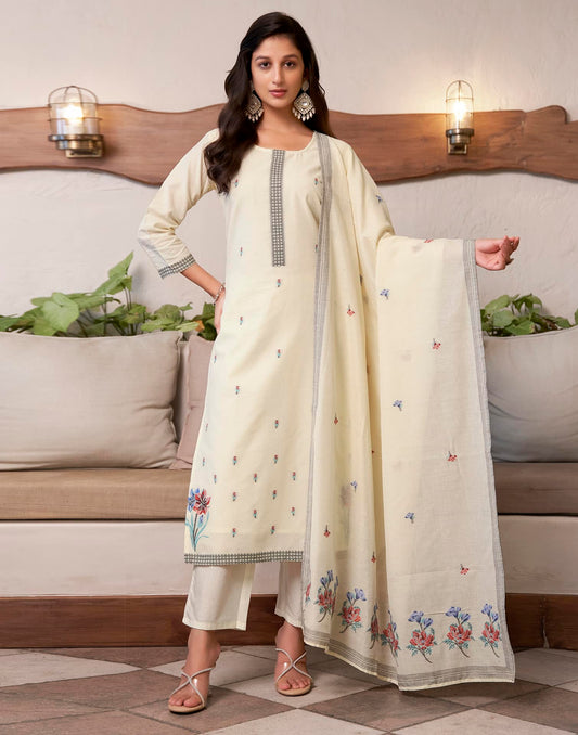 Cotton Solid and Jacquard A-Line Kurta with Pant & Dupatta
