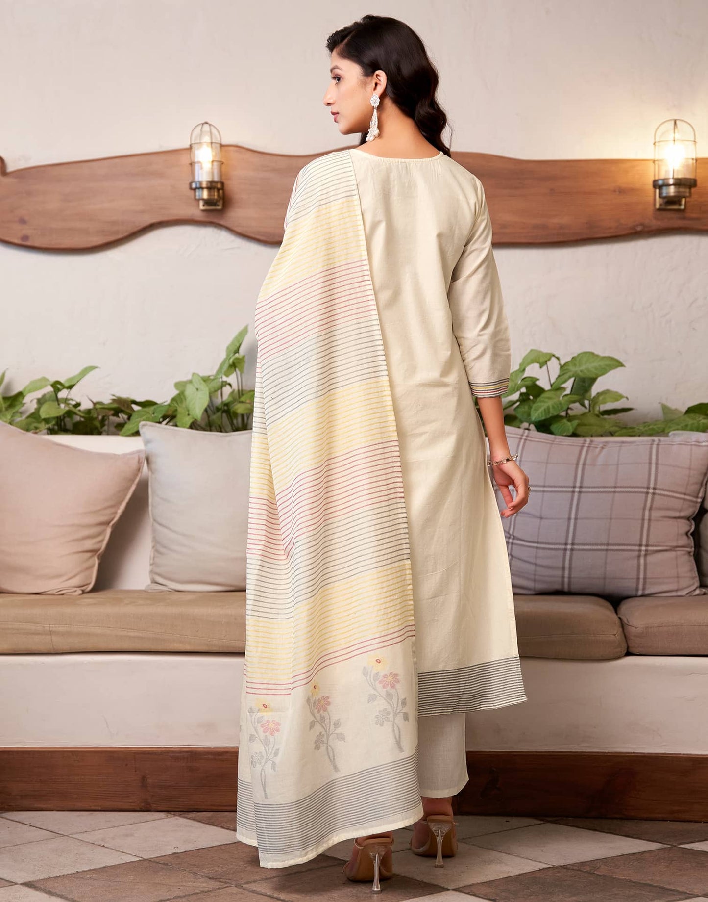 Cotton Solid and Jacquard A-Line Kurta with Pant & Dupatta