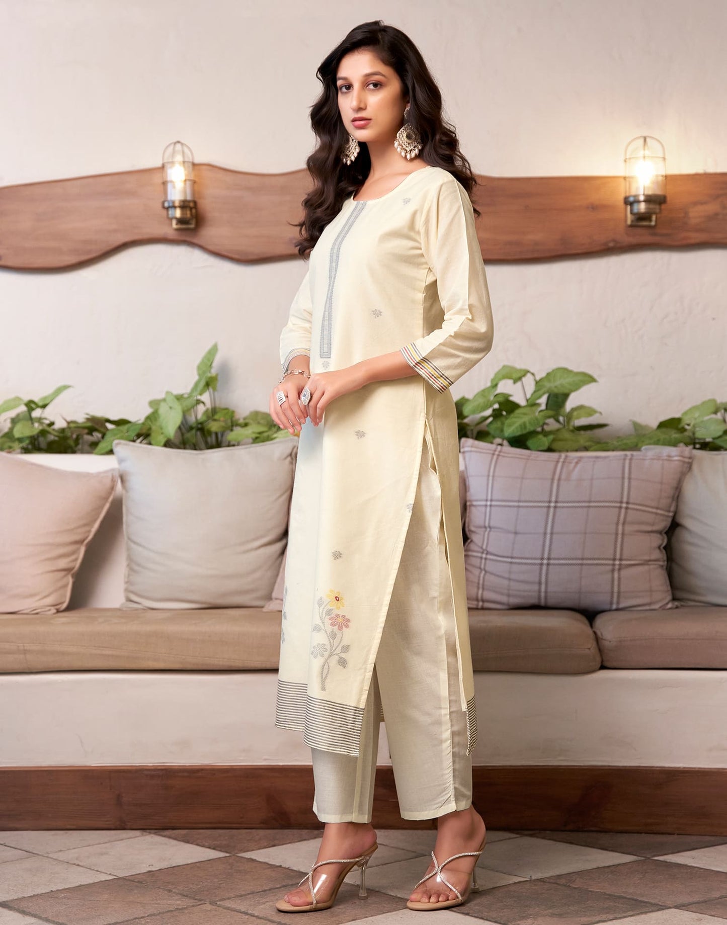 Cotton Solid and Jacquard A-Line Kurta with Pant & Dupatta