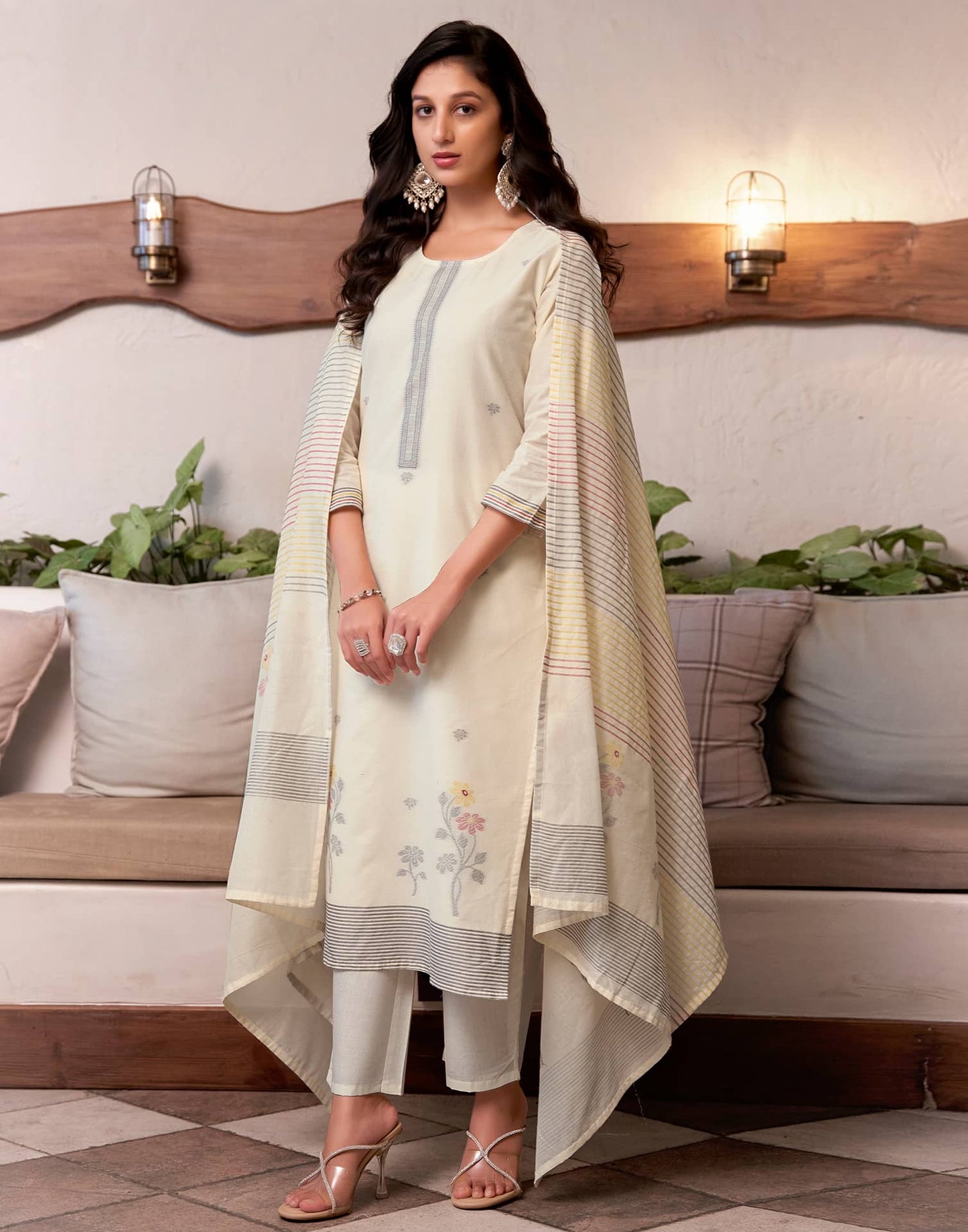Cotton Solid and Jacquard A-Line Kurta with Pant & Dupatta