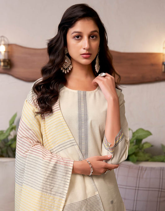 Cotton Solid and Jacquard A-Line Kurta with Pant & Dupatta