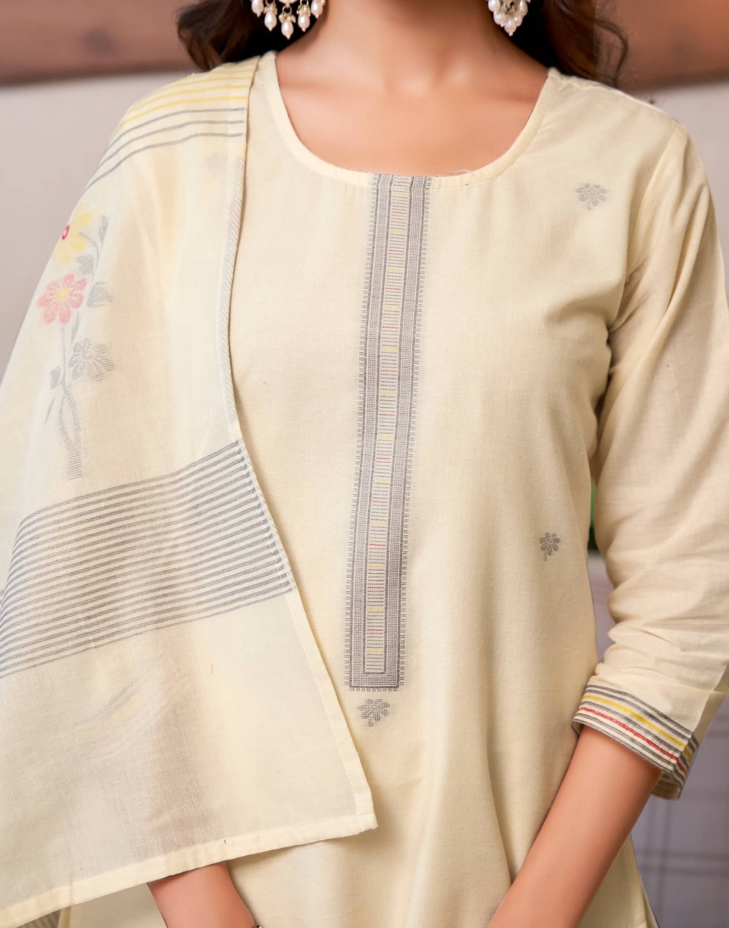 Cotton Solid and Jacquard A-Line Kurta with Pant & Dupatta