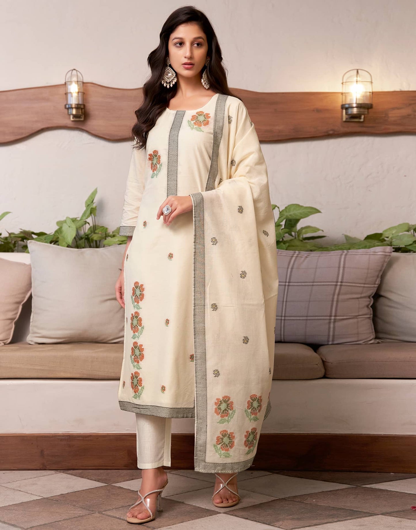 Cotton Solid and Jacquard A-Line Kurta with Pant & Dupatta