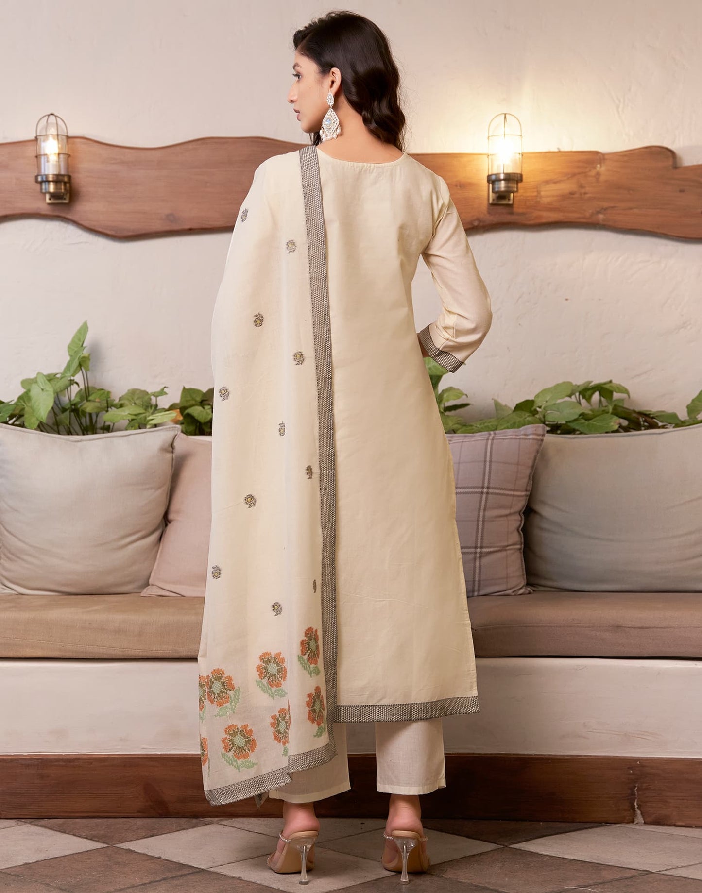 Cotton Solid and Jacquard A-Line Kurta with Pant & Dupatta