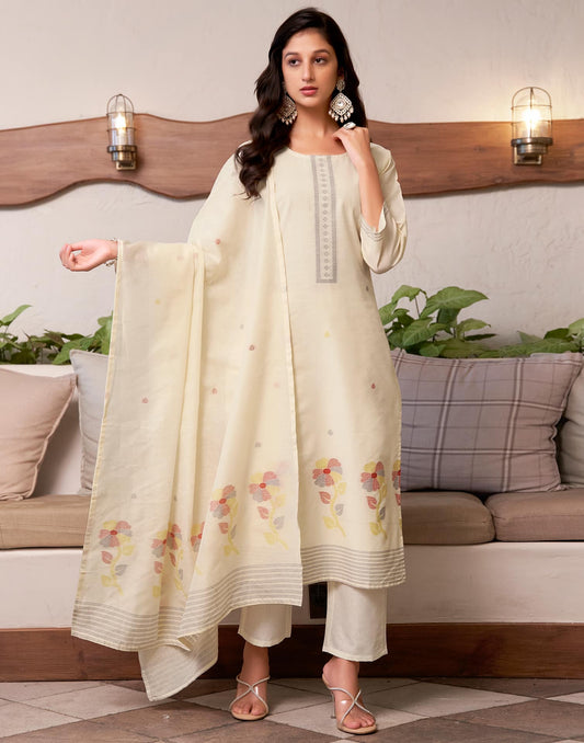 Cotton Solid and Jacquard A-Line Kurta with Pant & Dupatta