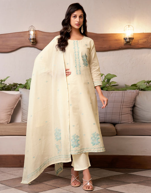 Cotton Solid and Jacquard A-Line Kurta with Pant & Dupatta