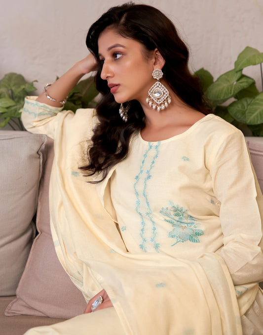 Cotton Solid and Jacquard A-Line Kurta with Pant & Dupatta