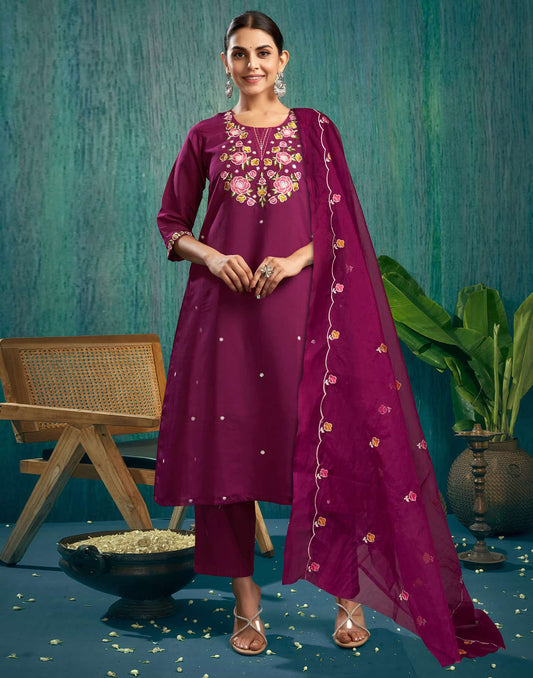 Silk Blend Embroidered Straight Kurta with Pant & Dupatta