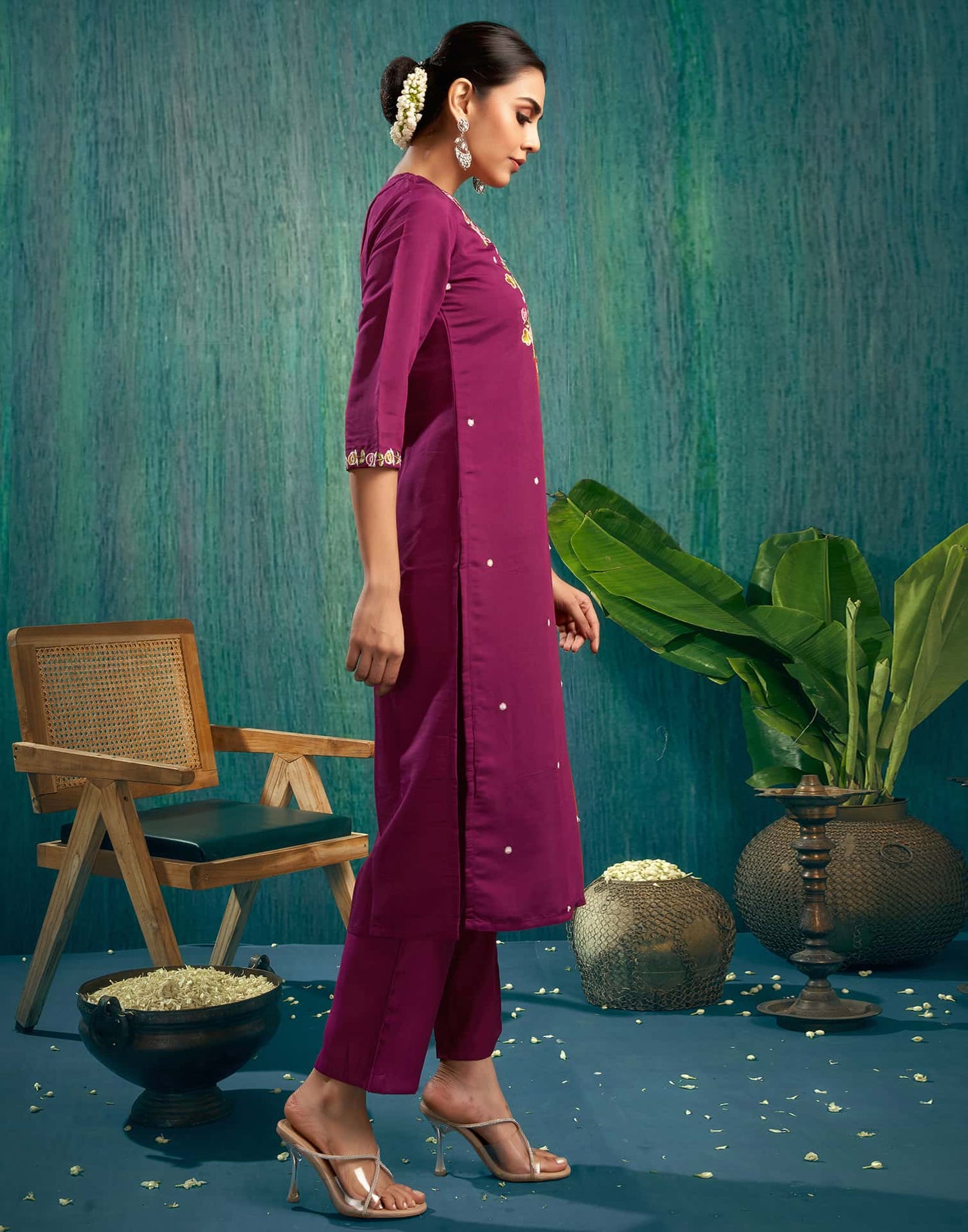 Silk Blend Embroidered Straight Kurta with Pant & Dupatta