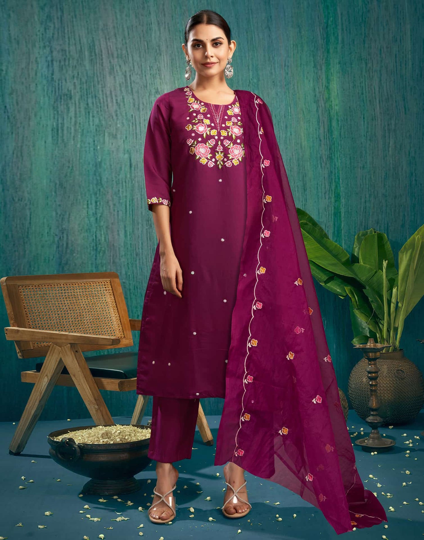 Silk Blend Embroidered Straight Kurta with Pant & Dupatta