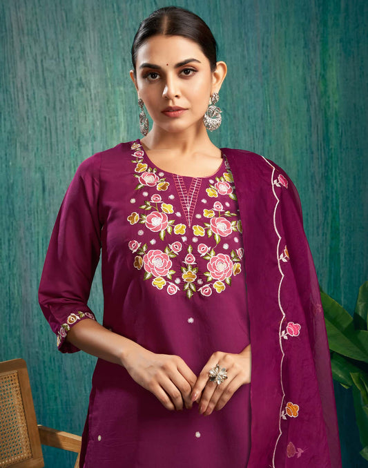 Silk Blend Embroidered Straight Kurta with Pant & Dupatta