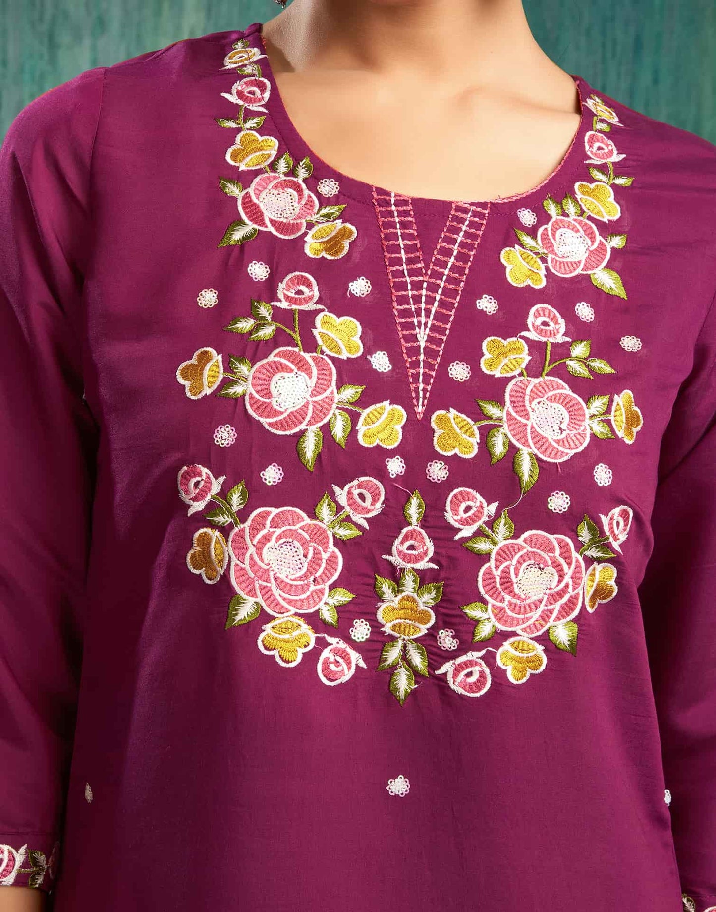 Silk Blend Embroidered Straight Kurta with Pant & Dupatta