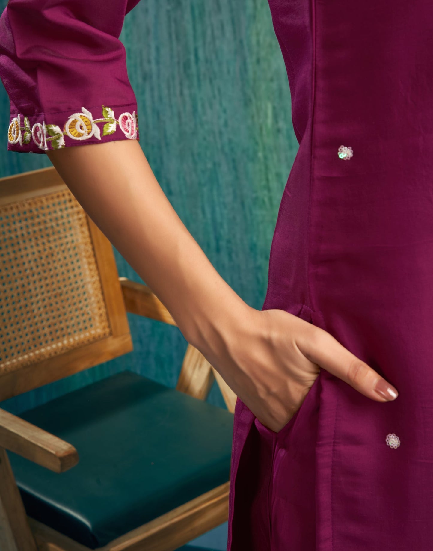 Silk Blend Embroidered Straight Kurta with Pant & Dupatta