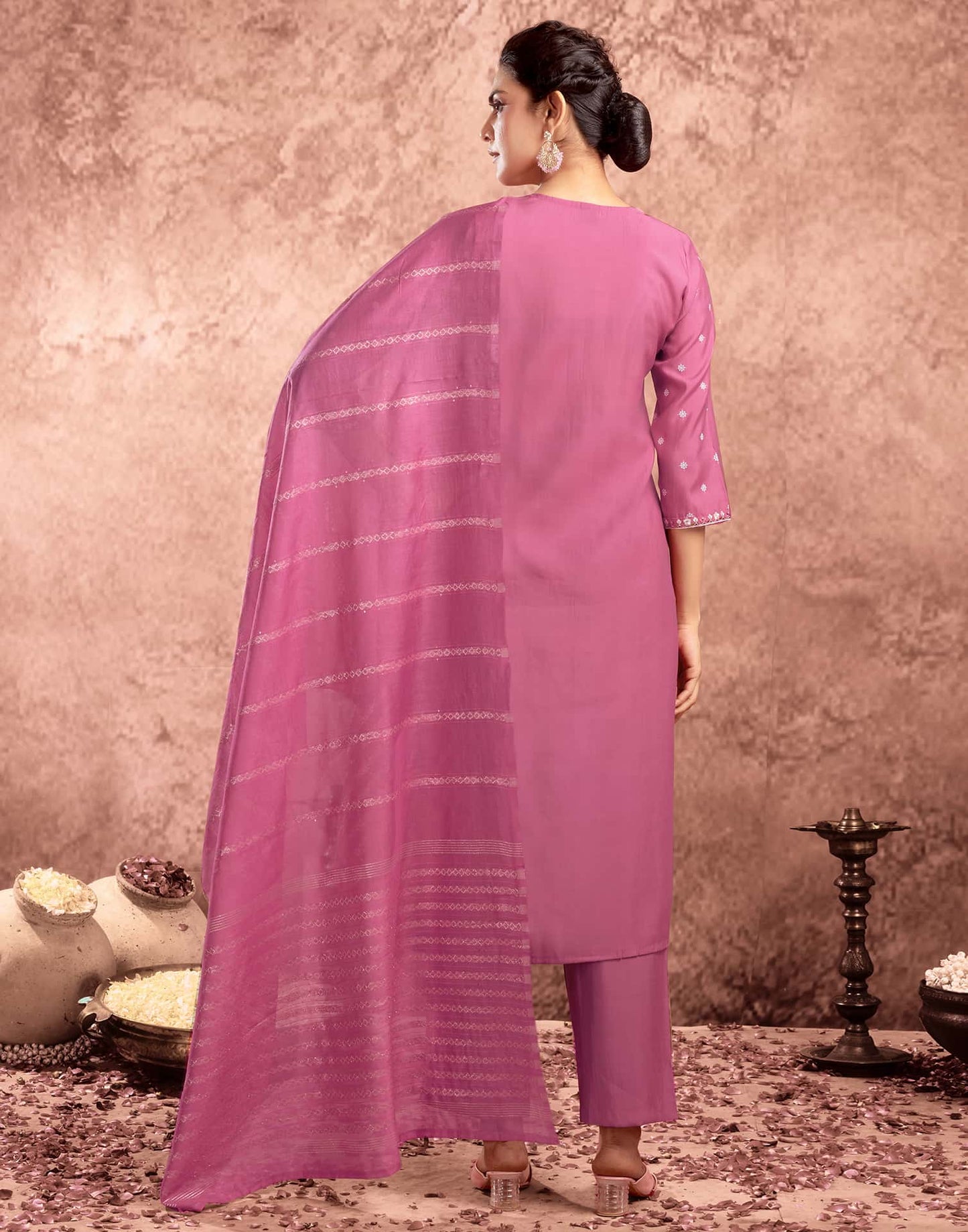 Silk Blend Embroidered Straight Kurta with Pant & Dupatta