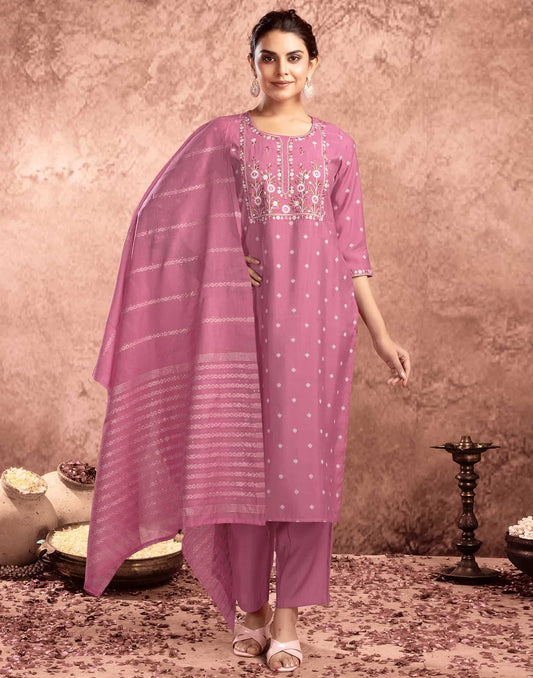 Silk Blend Embroidered Straight Kurta with Pant & Dupatta