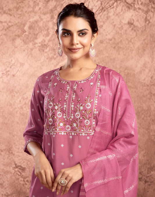 Silk Blend Embroidered Straight Kurta with Pant & Dupatta