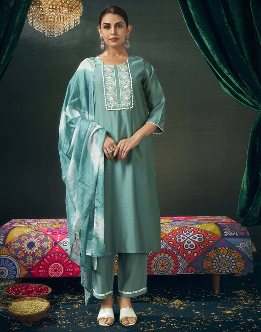 Affordable Mint green embroidered round neck kurti set with dupatta