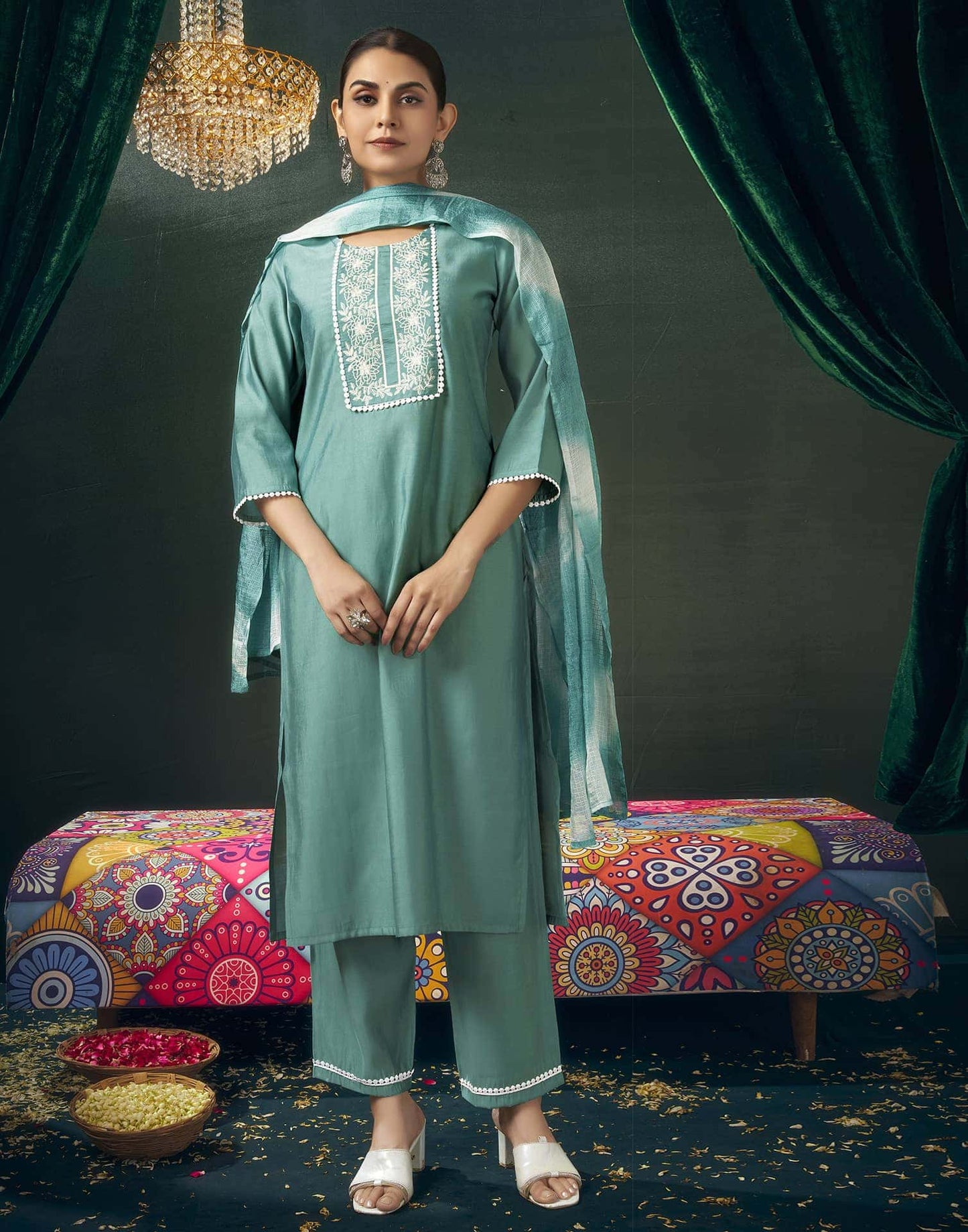 Rayon Blend Embroidered Straight Kurta with Pant & Dupatta
