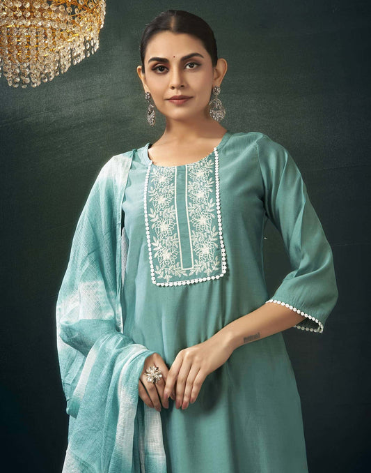 Affordable Mint green embroidered round neck kurti set with dupatta