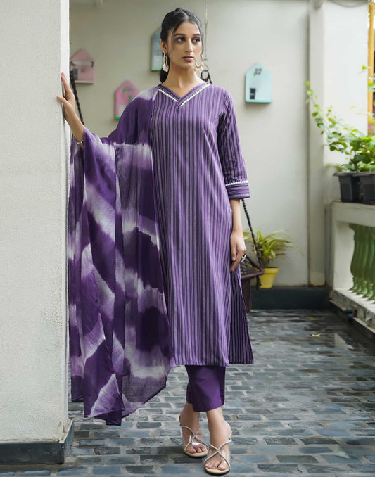 Cotton Sequins Work and Woven A-Line Kurta with Pant & Dupatta