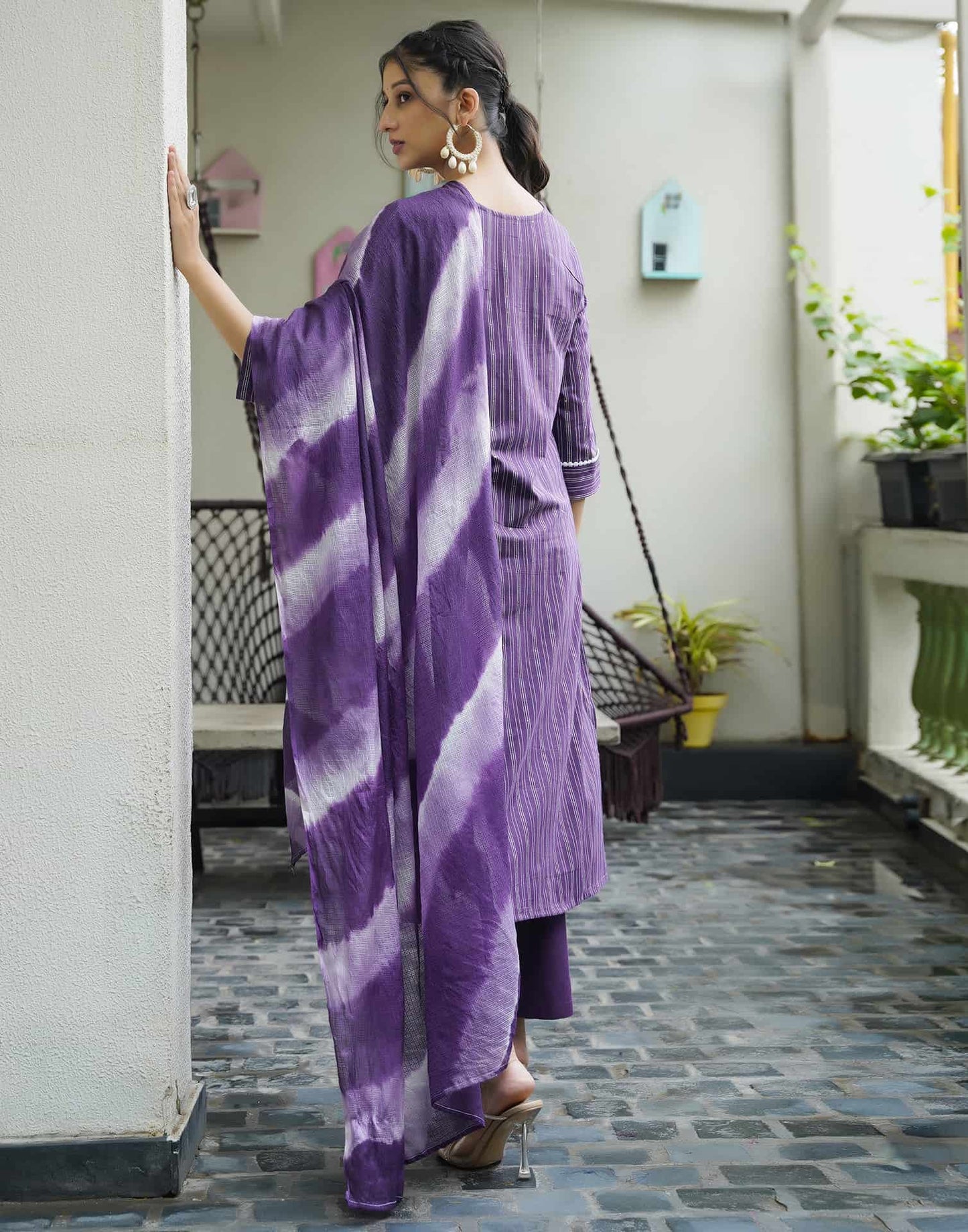 Cotton Sequins Work and Woven A-Line Kurta with Pant & Dupatta