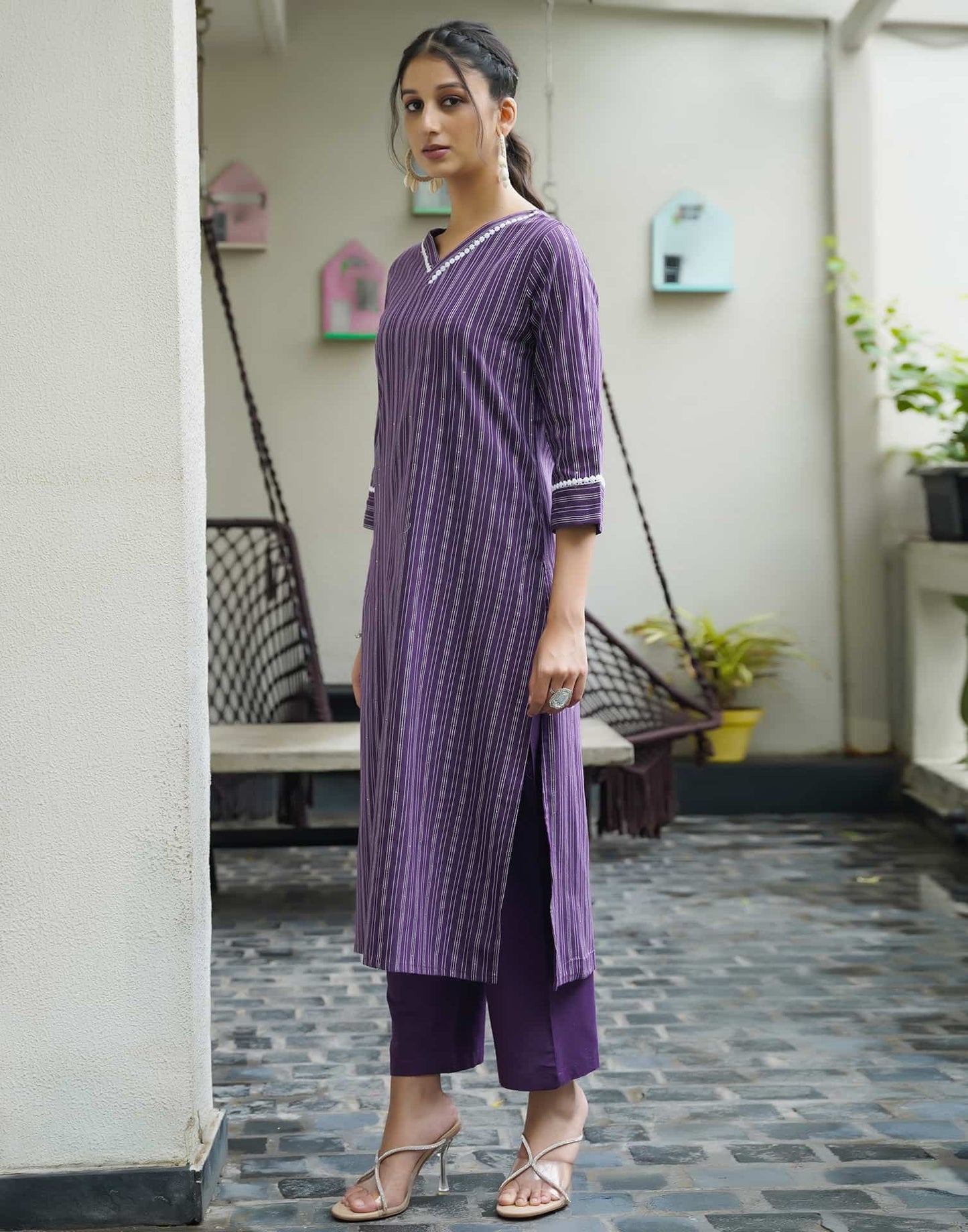 Cotton Sequins Work and Woven A-Line Kurta with Pant & Dupatta