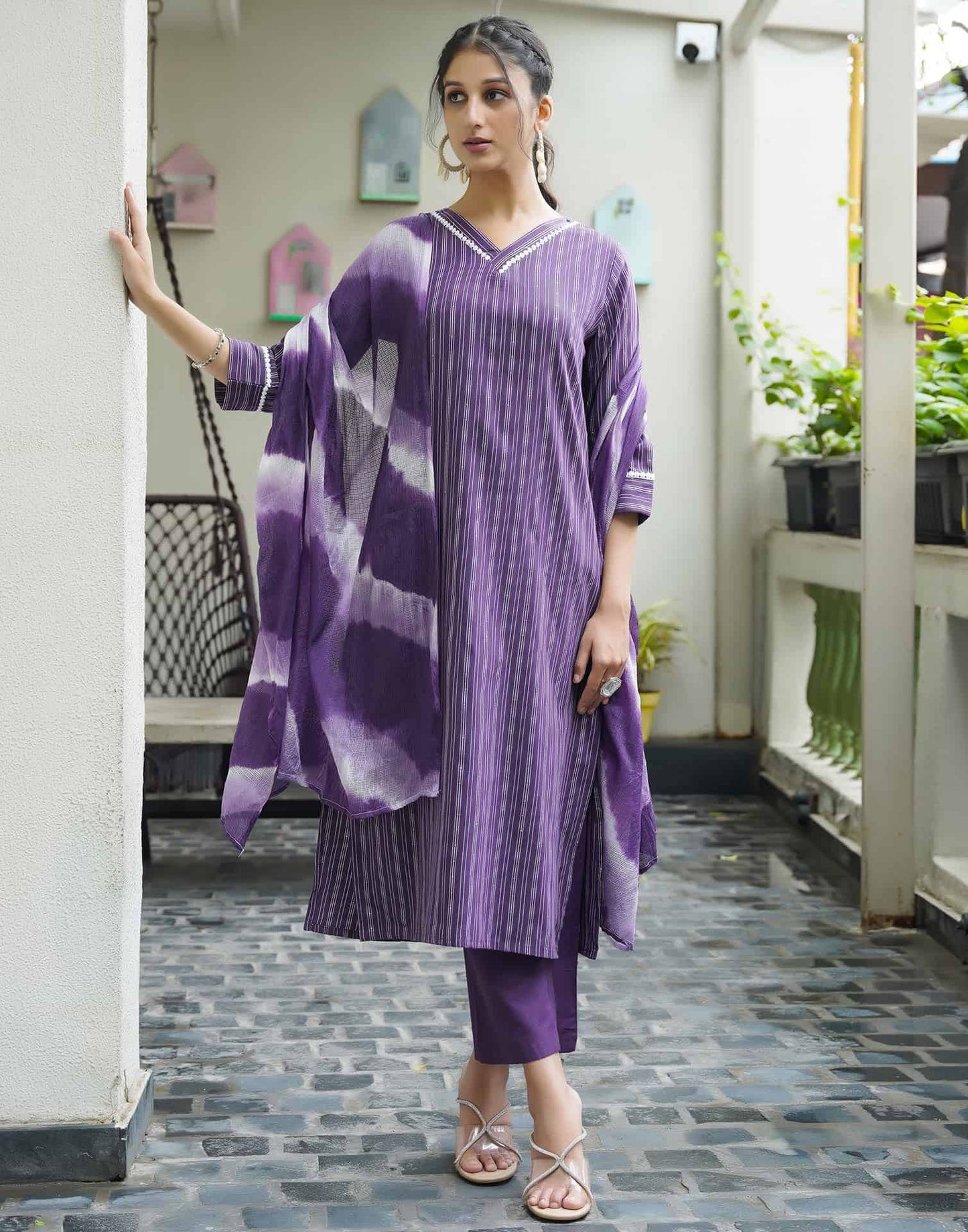 Cotton Sequins Work and Woven A-Line Kurta with Pant & Dupatta