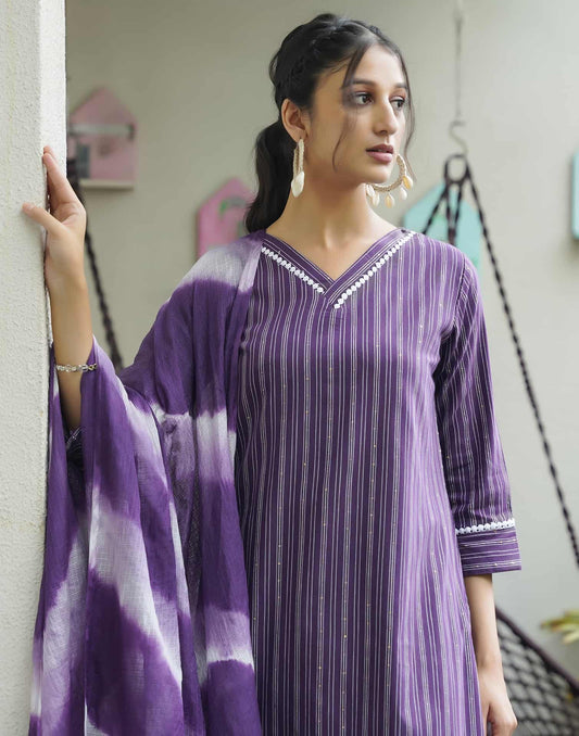 Cotton Sequins Work and Woven A-Line Kurta with Pant & Dupatta