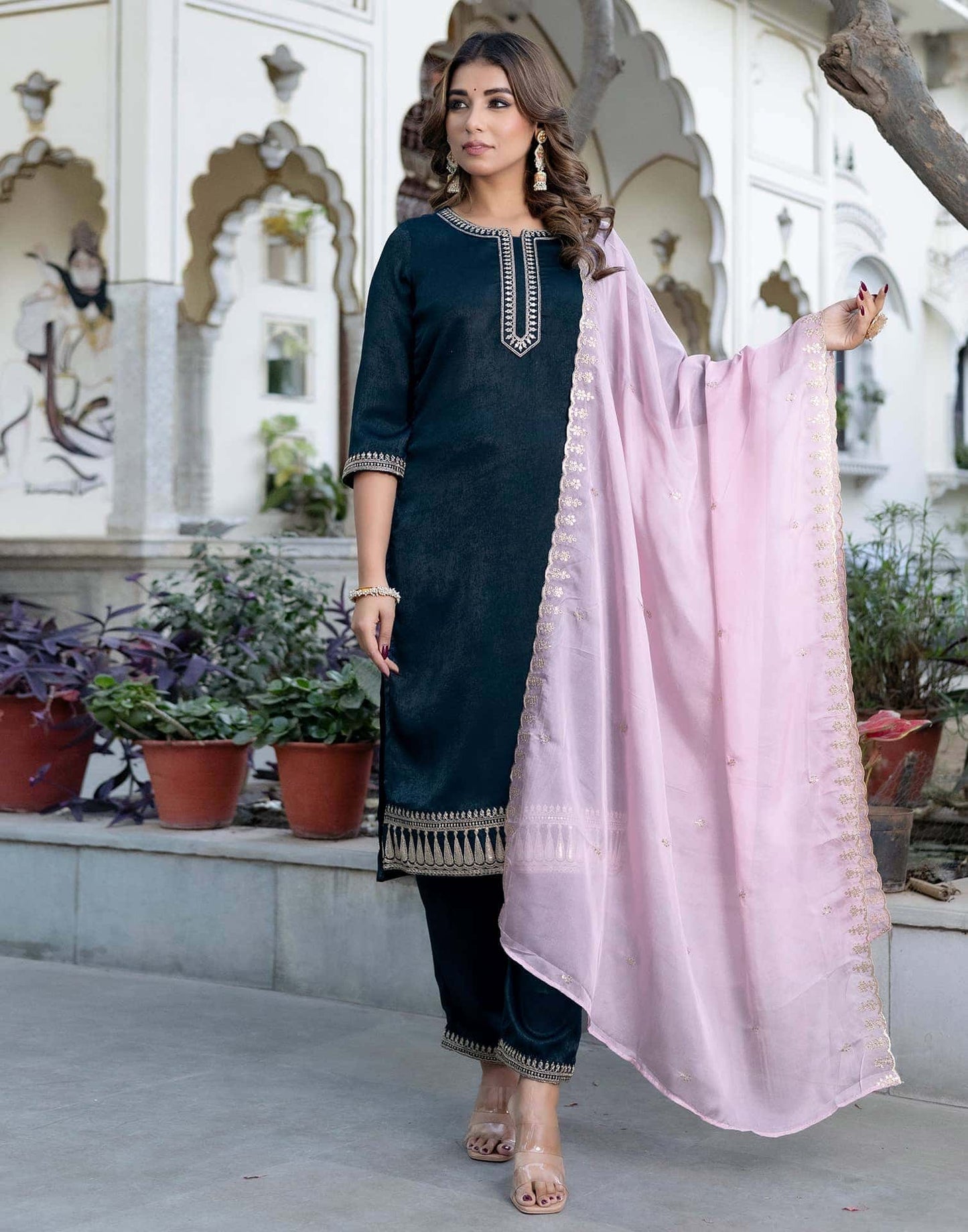 Velvet Sequence and Embroidery Straight Kurta with Pant & Dupatta