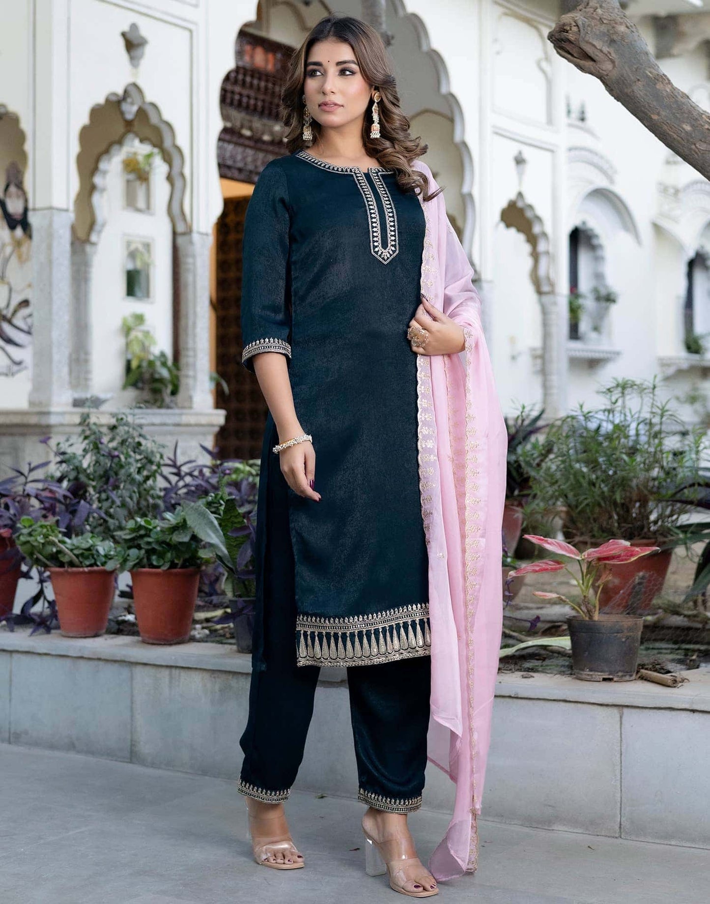 Velvet Sequence and Embroidery Straight Kurta with Pant & Dupatta