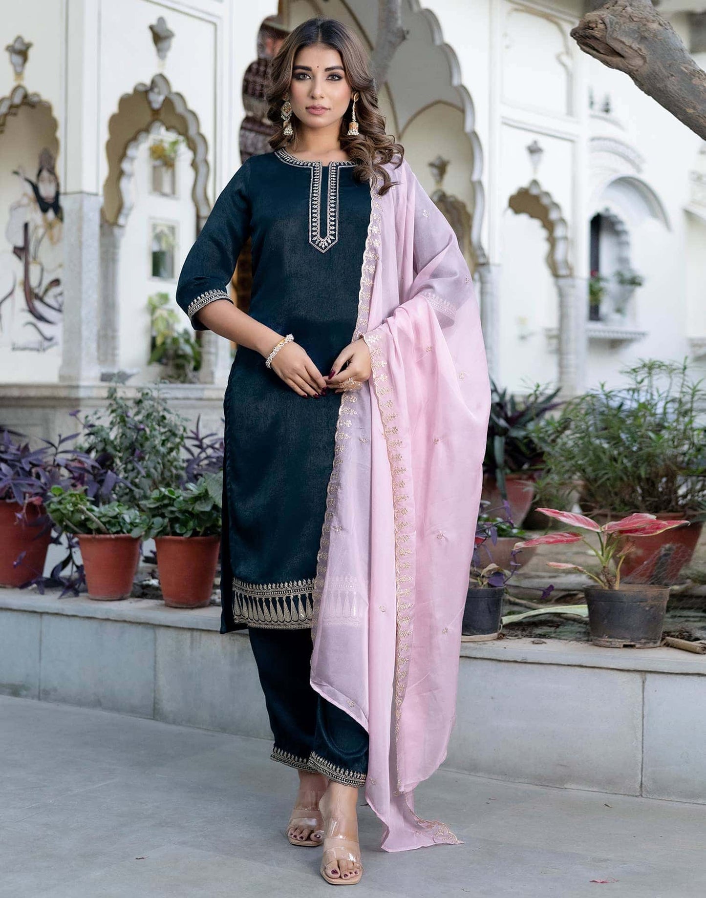 Velvet Sequence and Embroidery Straight Kurta with Pant & Dupatta