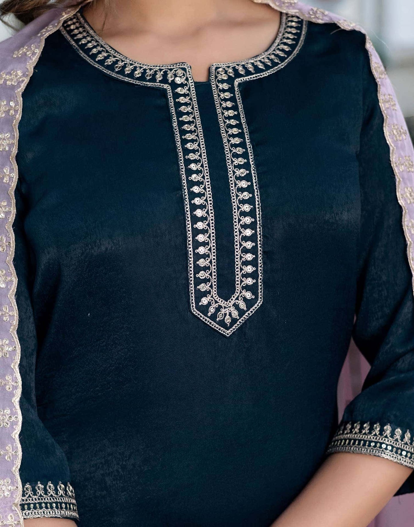 Velvet Sequence and Embroidery Straight Kurta with Pant & Dupatta