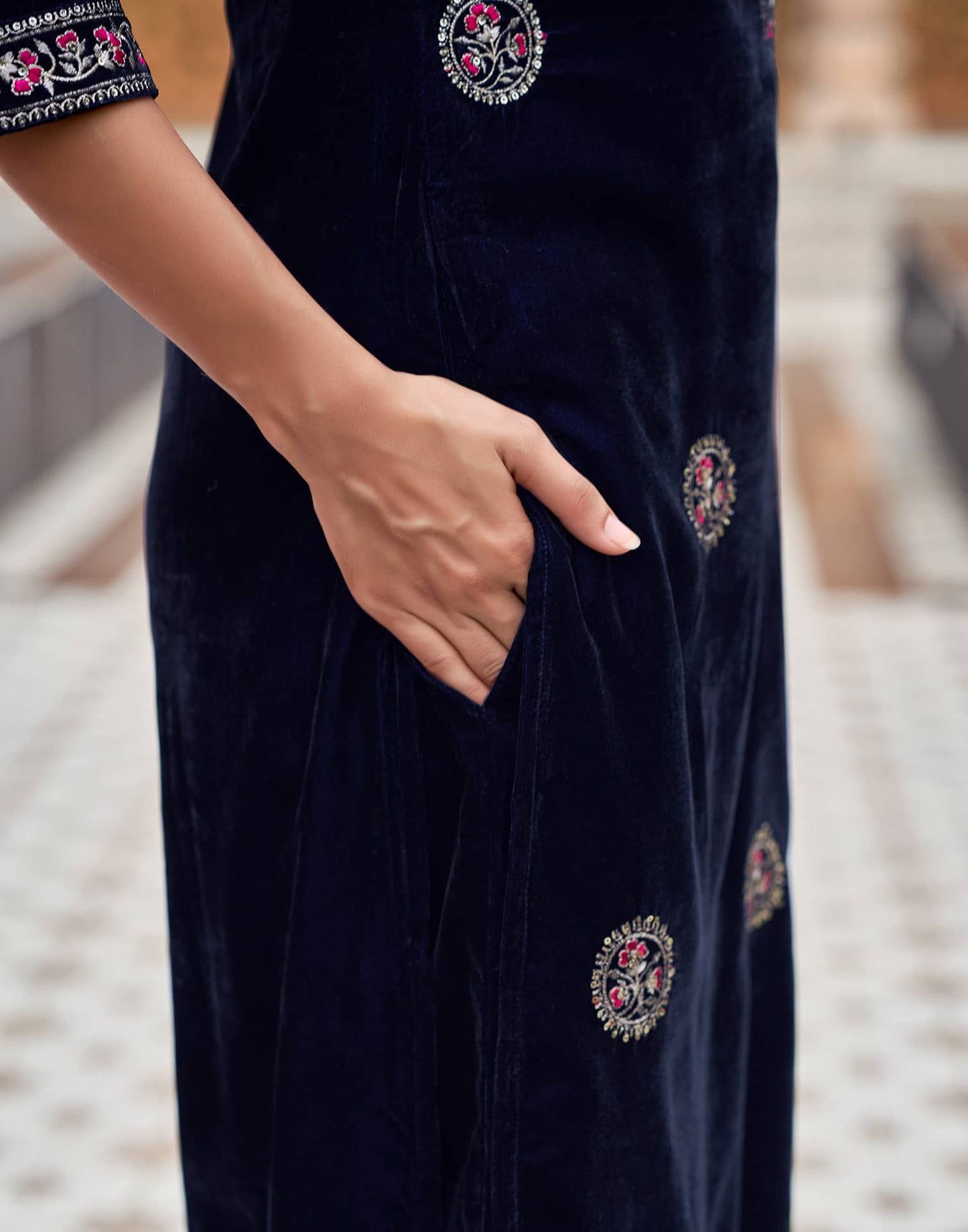 Velvet Dyed, Sequins, Embroidery and Lace Straight Kurta with Pant & Dupatta