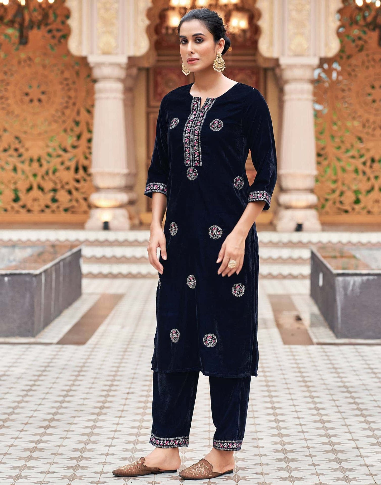 Velvet Dyed, Sequins, Embroidery and Lace Straight Kurta with Pant & Dupatta