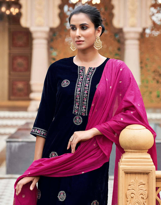 Affordable Navy blue velvet round neck kurti set with dupatta