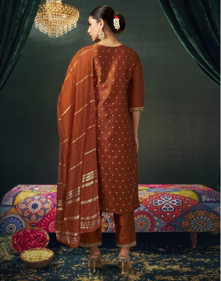Rust Silk Weaving V Neck 3/4 Sleeve Straight Kurta Set With Pant & Dupatta
