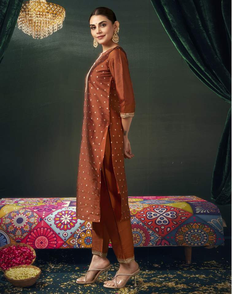 Rust Silk Weaving V Neck 3/4 Sleeve Straight Kurta Set With Pant & Dupatta