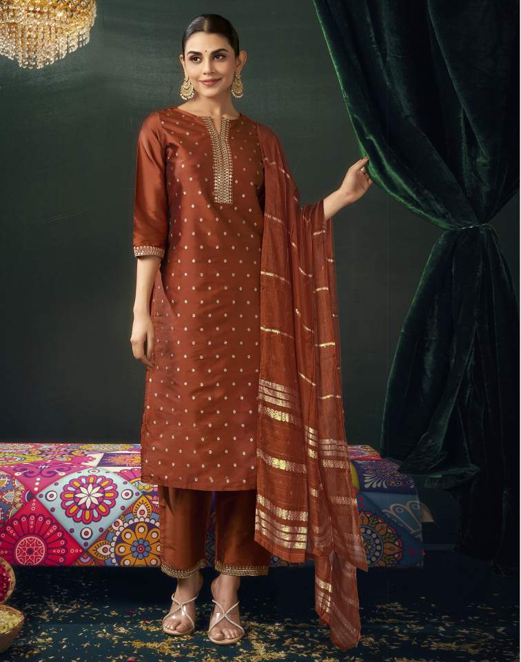 Rust Silk Weaving V Neck 3/4 Sleeve Straight Kurta Set With Pant & Dupatta