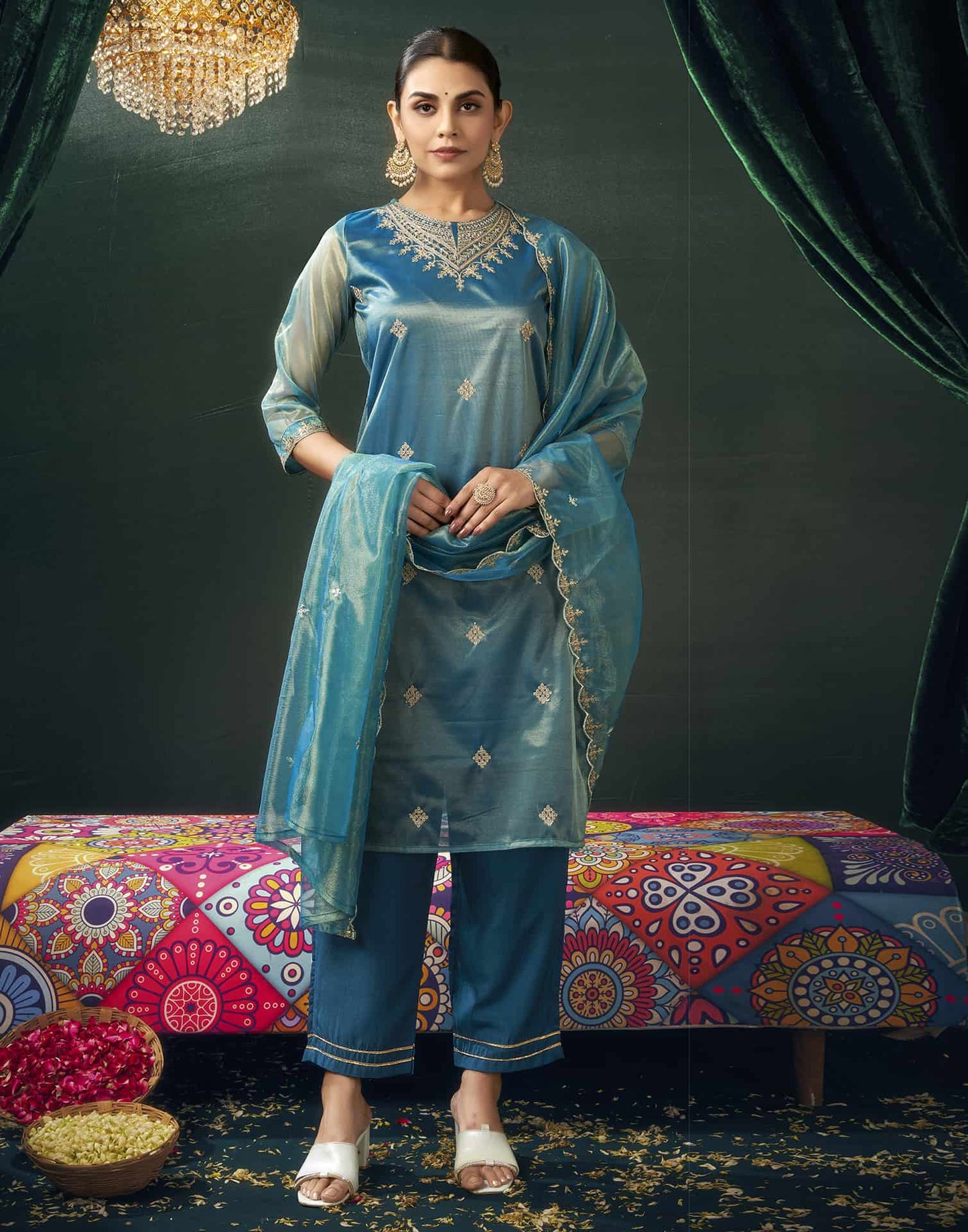 Net Sequins, Embroidery and Embroidery Lace Straight Kurta with Pant & Dupatta